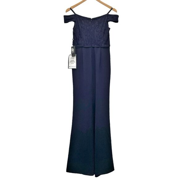NWT Adrianna Papell Navy Blue Lace Crepe Formal Evening Gown OTS Dress Size 2 - Picture 5 of 16